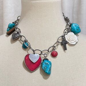 Silver-Tone Charm Link Choker Necklace Boho Western Pendant